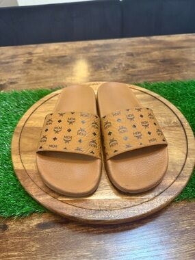 MCM Logo Tan Slide Sandals